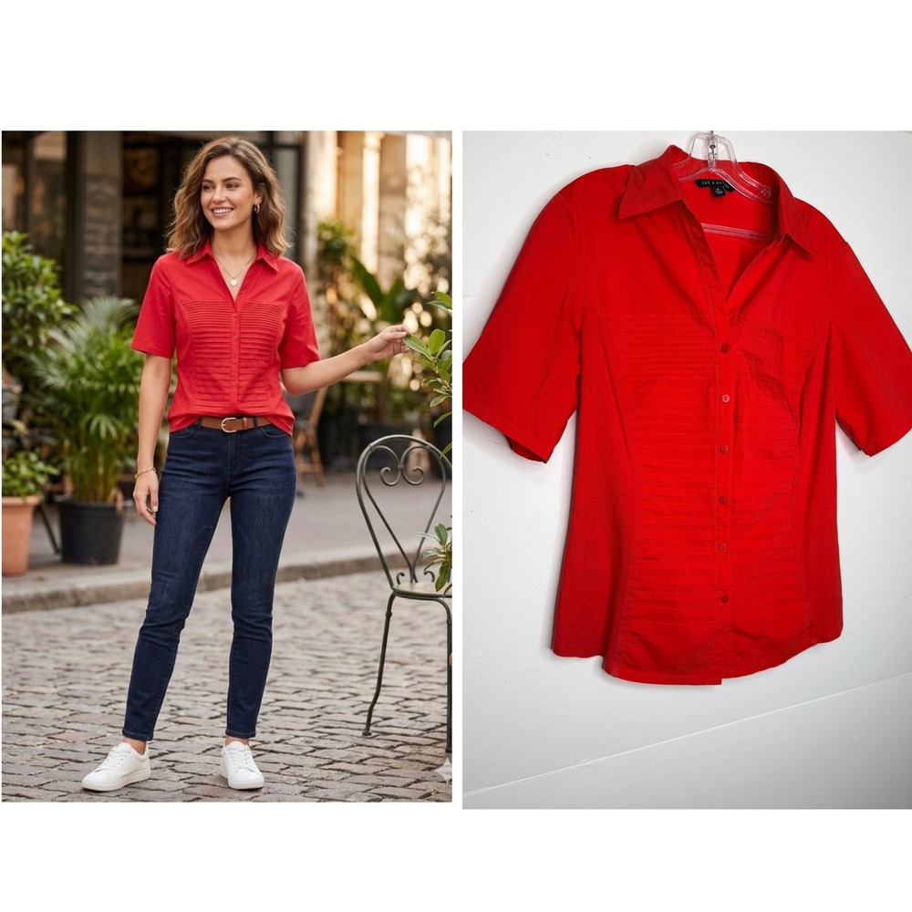 Zac & Rachel Button Down Shirt Women XL Red Pintuck Short Sleeve Top Work Casual